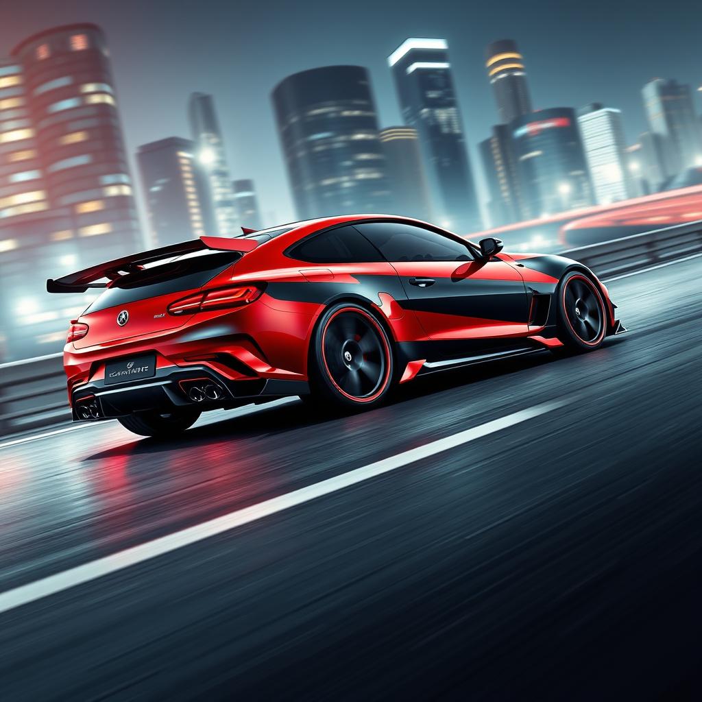A sporty and elegant car design showcasing a sleek, aerodynamic body with a vibrant red and black color scheme