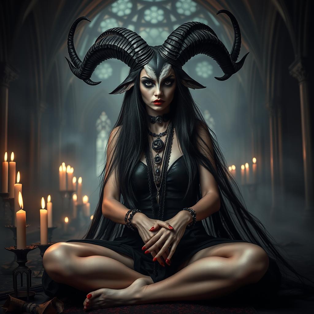 A creepy goth female representation of Baphomet with a goat face, sitting cross-legged in a dark and mysterious environment