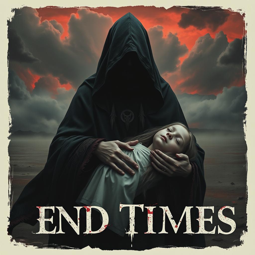 A haunting and beautifully crafted poster depicting a somber scene of a lifeless young girl cradled in the arms of a mysterious, shadowy figure representing an apocalyptic sect