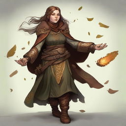 An unarmed dwarven female kineticist, armored heavily, channels her connection with the earth, causing an aura of earthly energy and fluttering leaves to gracefully levitate and revolve around her.