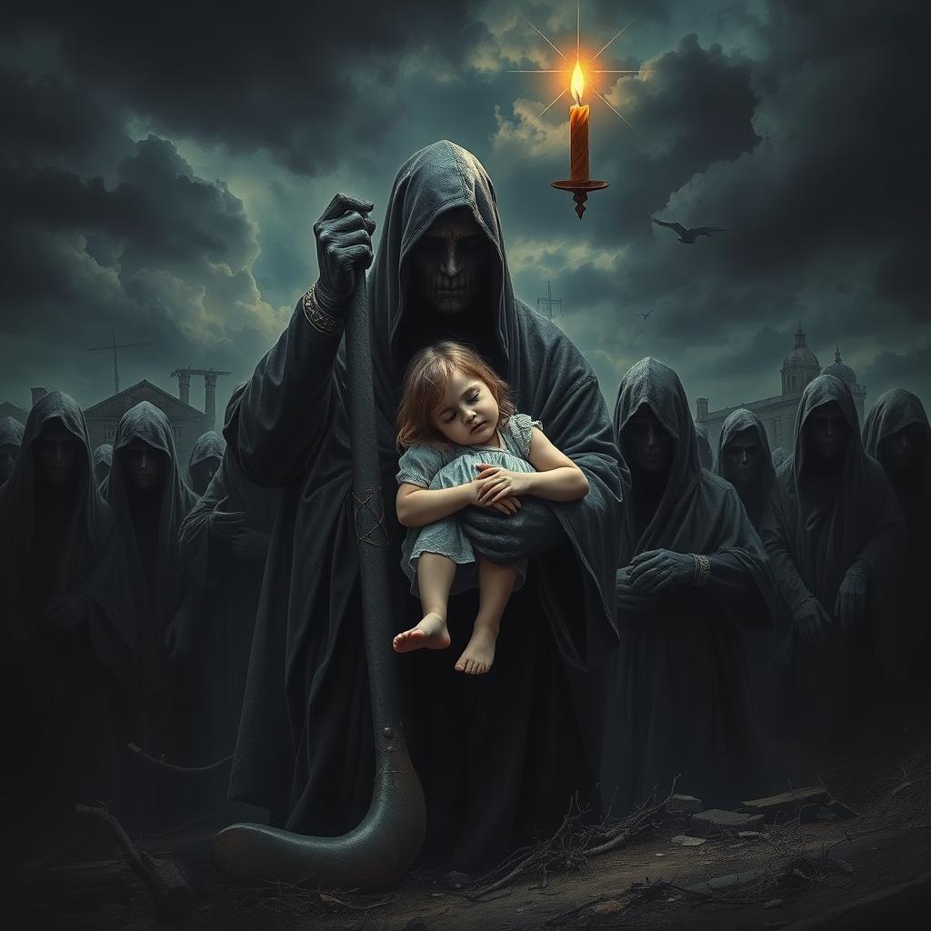 A hauntingly poignant poster featuring a small girl who appears peacefully asleep in the arms of a stoic figure at the center of a dark, apocalyptic sect group