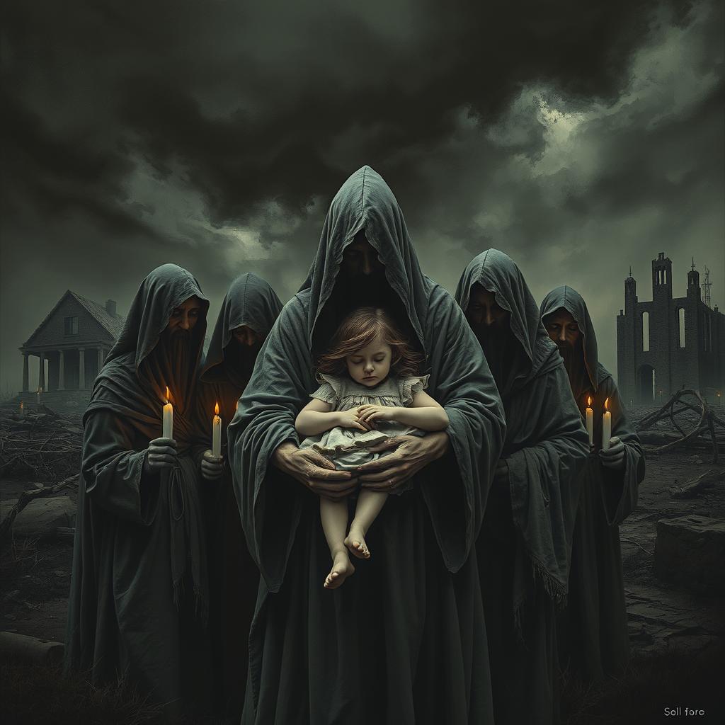 A striking and somber poster depicting a small girl, serene in death, nestled in the arms of a central figure amid a bleak, apocalyptic sect group