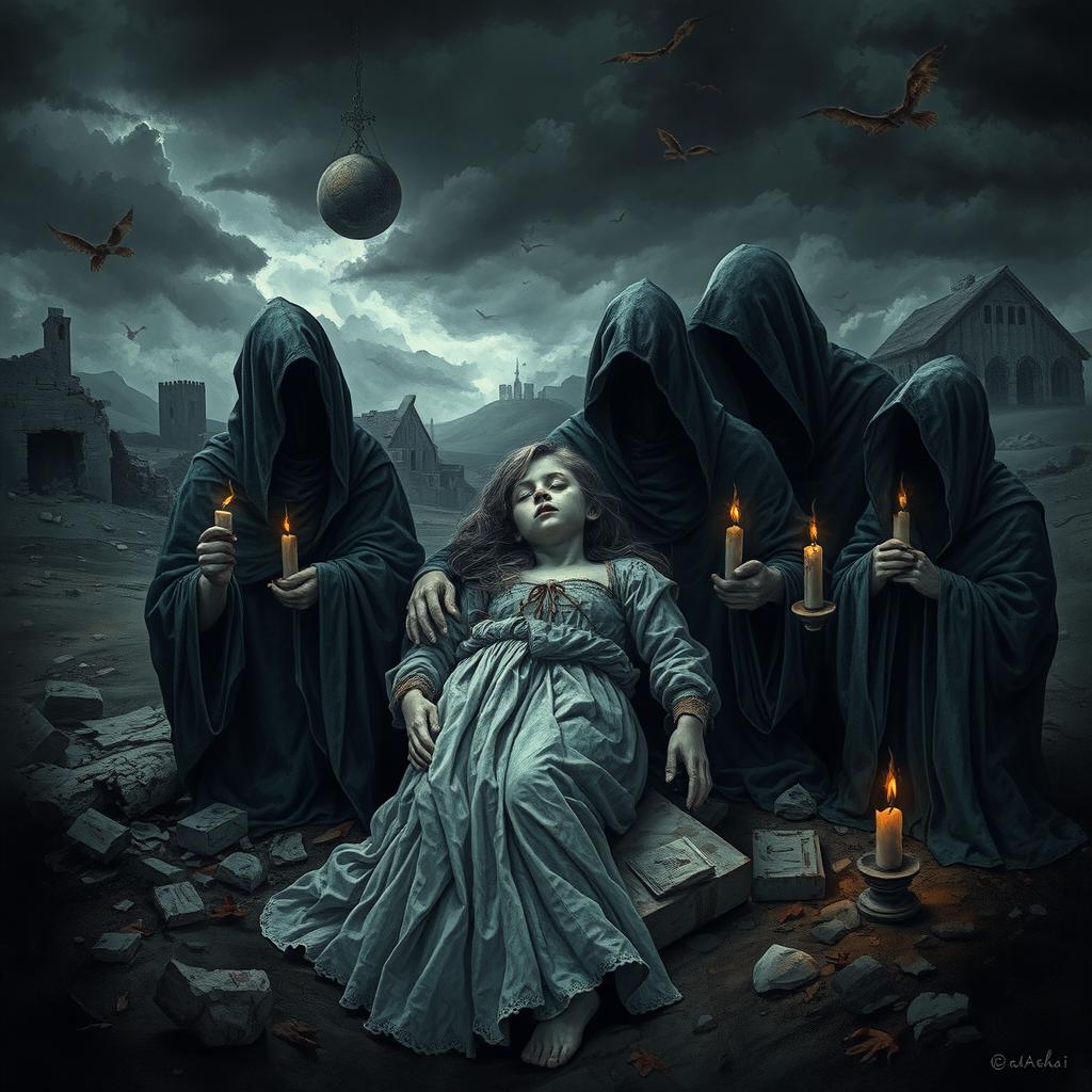 A dark and eerie poster depicting a serene, yet haunting scene of a dead girl resting peacefully within the arms of a mysterious apocalyptic sect