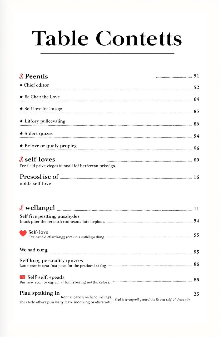 A visually engaging table of contents designed for a modern magazine, showcasing various categories and subcategories like 'Greetings', 'Chief Editor', and 'Self', with sections on self-love and personality quizzes