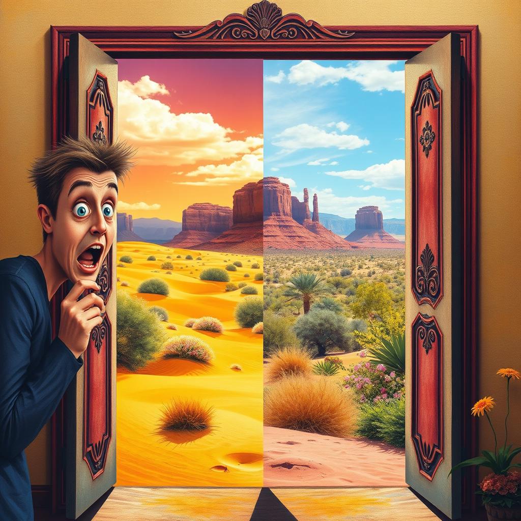 A vibrant scene depicting an open door revealing an unexpected landscape