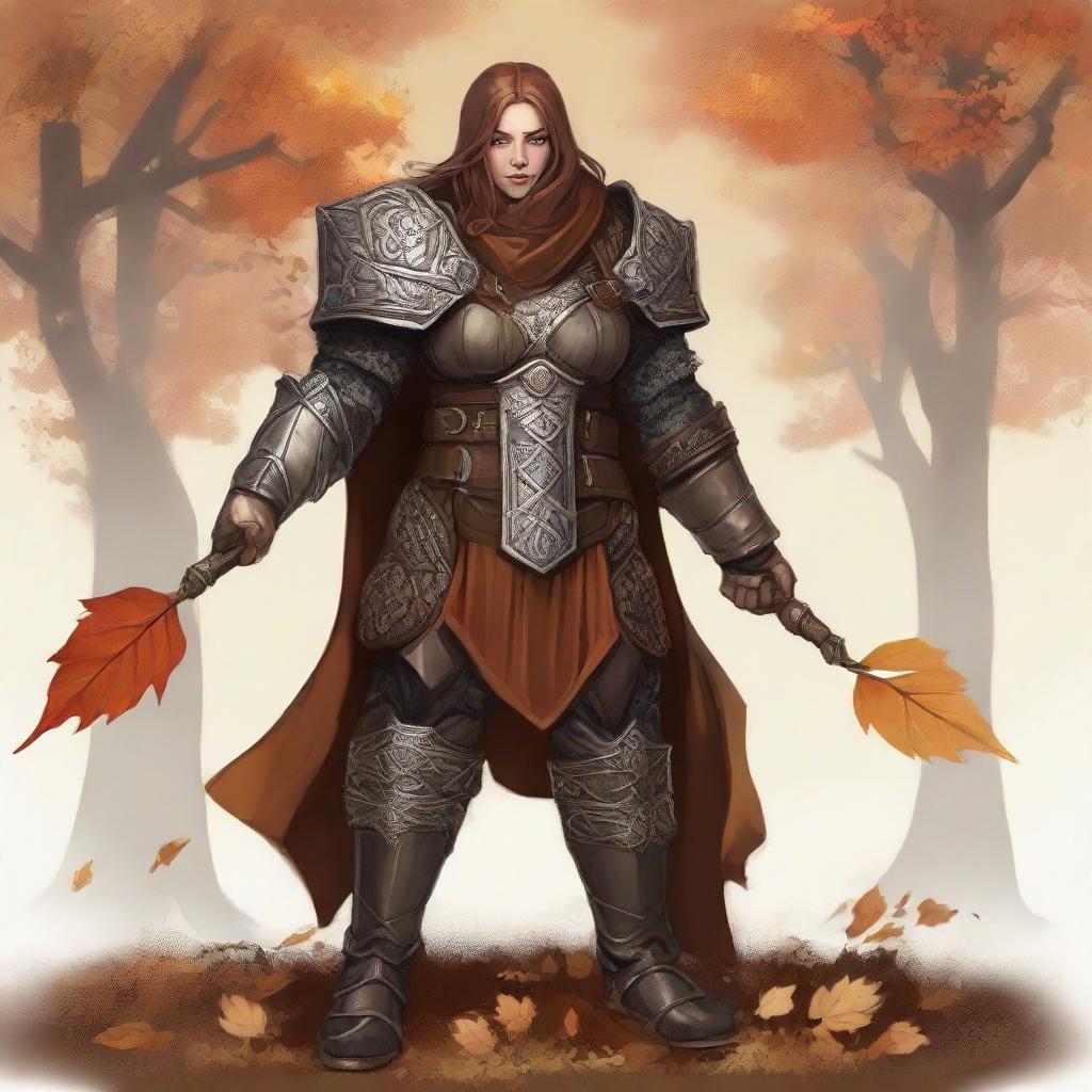 A robust, unarmed dwarven female kineticist, encased in sturdy heavy armor, manifests her deep connection to the earth, as she causes earthly energy and autumn leaves to ascend and float around her.