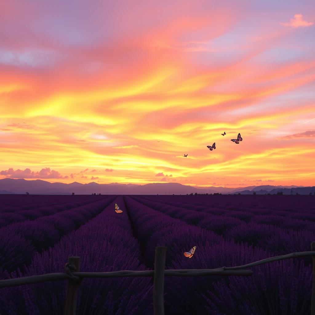 A serene landscape featuring a vast lavender field under a vivid sunset sky, with hues of orange, pink, and purple blending beautifully
