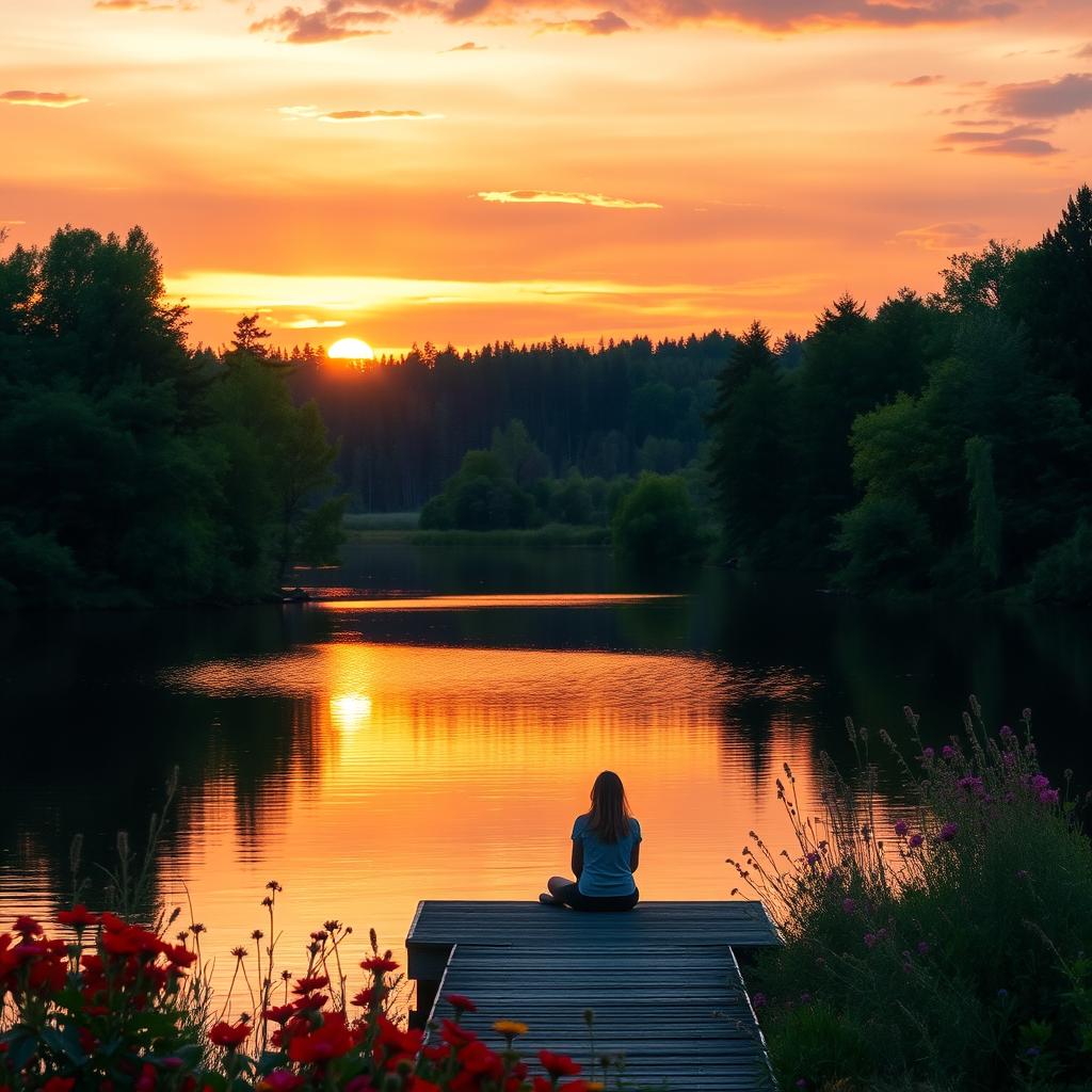 A tranquil landscape featuring a beautiful sunset over a serene lake, surrounded by lush green trees and vibrant wildflowers