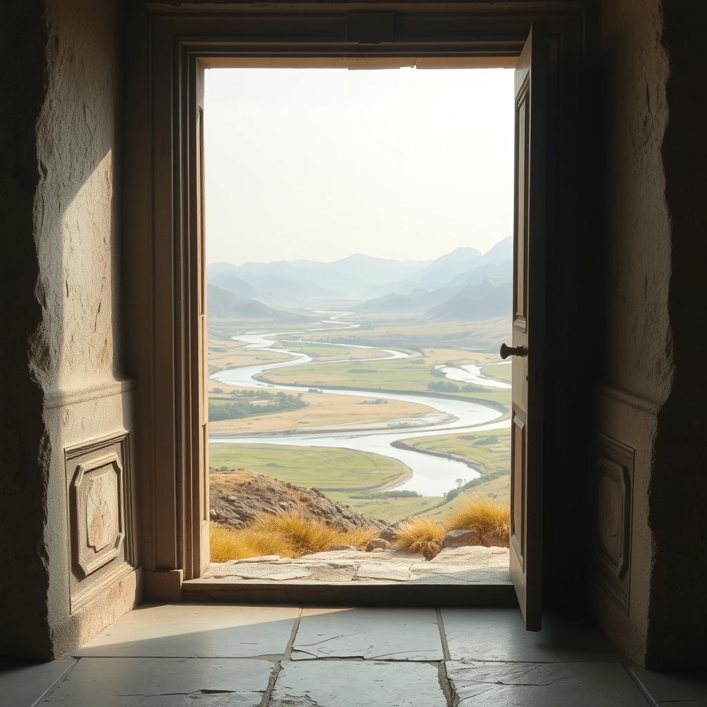 A slightly ajar ancient door in the foreground, revealing a wide and serene valley beyond