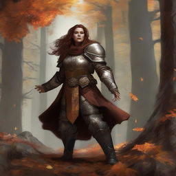 A robust, unarmed dwarven female kineticist, encased in sturdy heavy armor, manifests her deep connection to the earth, as she causes earthly energy and autumn leaves to ascend and float around her.