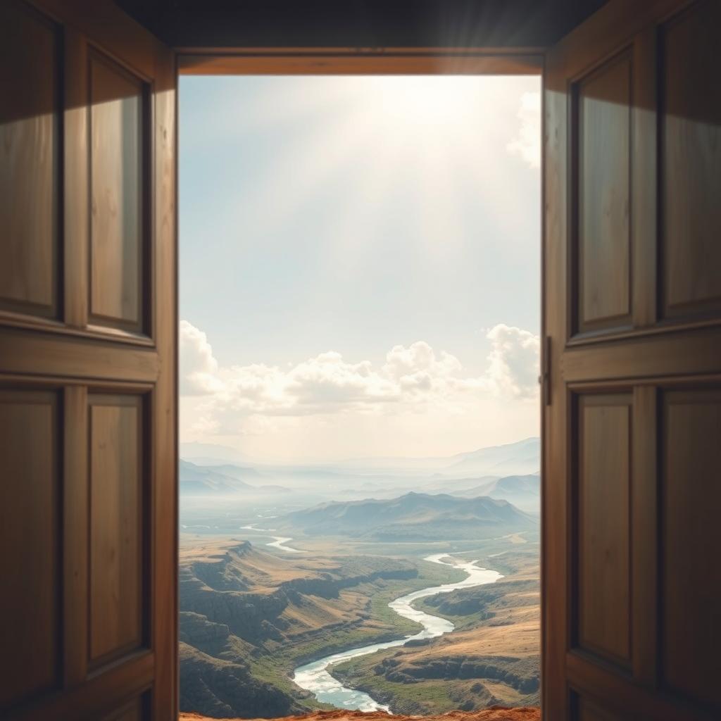 A close-up of an ancient open door, revealing a serene valley with flowing rivers of clear, vibrant water