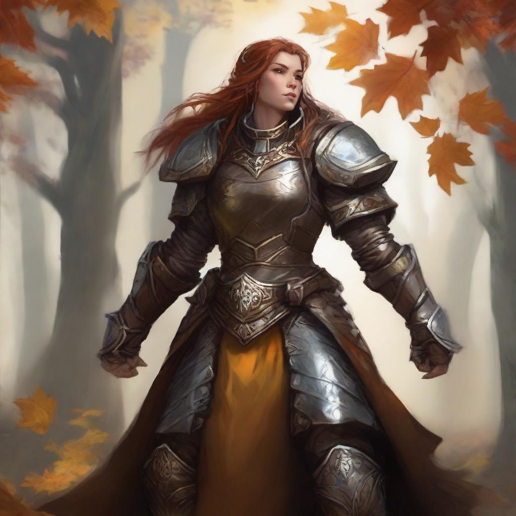 A robust, unarmed dwarven female kineticist, encased in sturdy heavy armor, manifests her deep connection to the earth, as she causes earthly energy and autumn leaves to ascend and float around her.