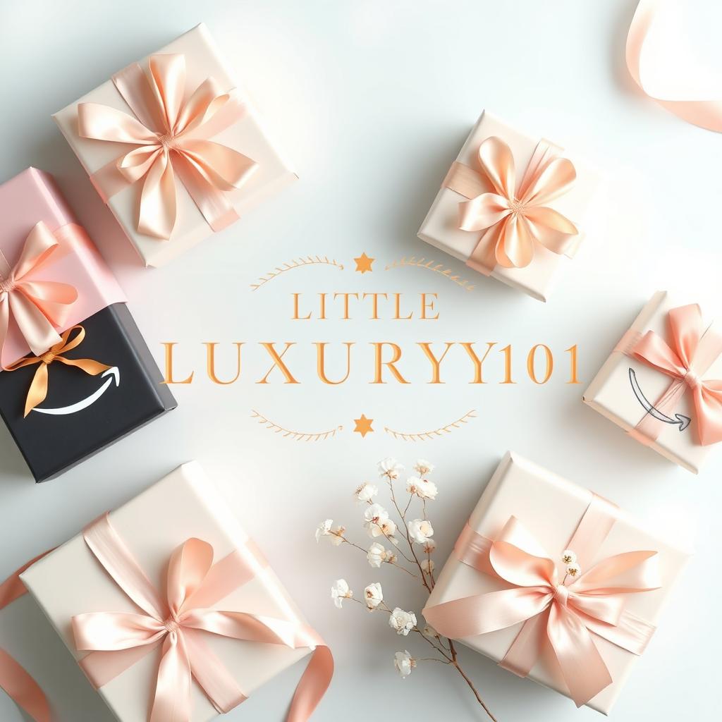 A serene and calming aesthetic background featuring beautifully wrapped gifts in sophisticated packaging, incorporating Amazon branding subtly