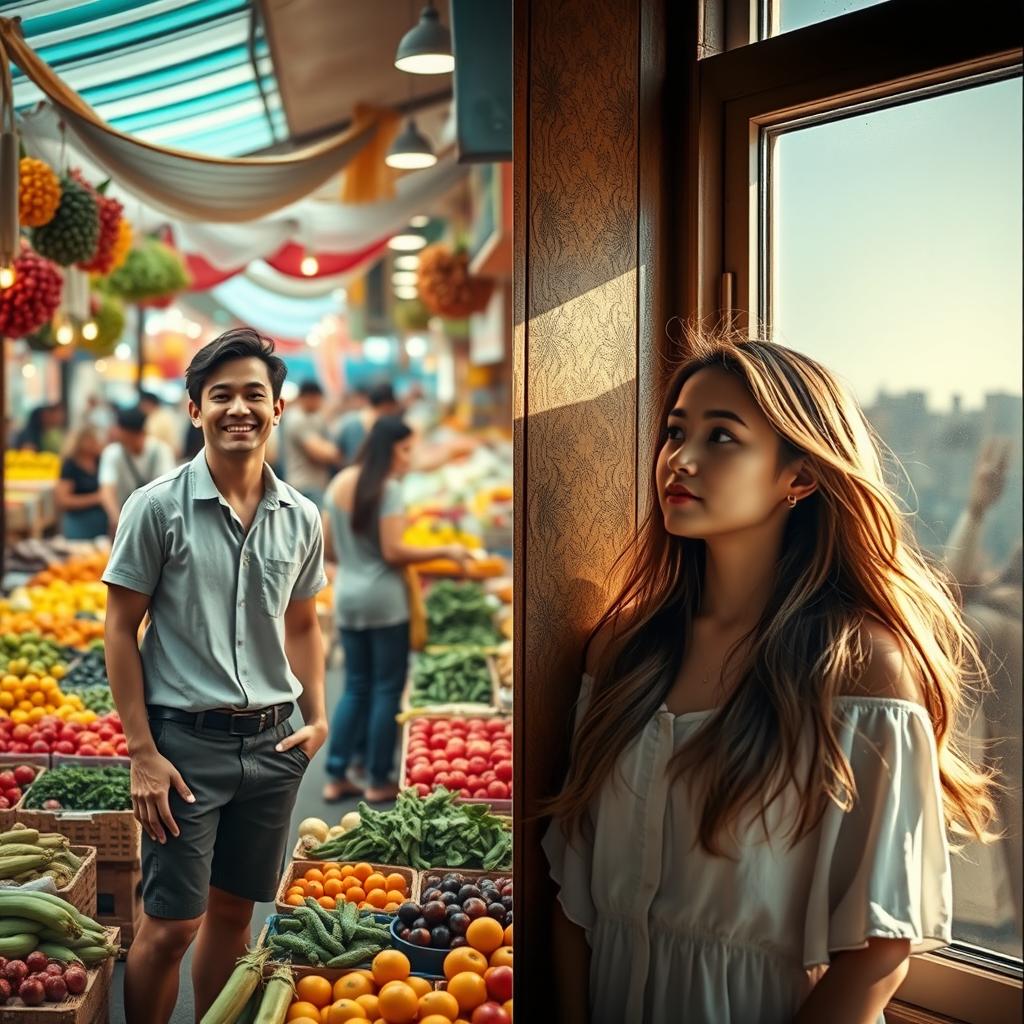 A scene capturing a young man standing enthusiastically in a vibrant, bustling market filled with fresh produce and colorful stalls