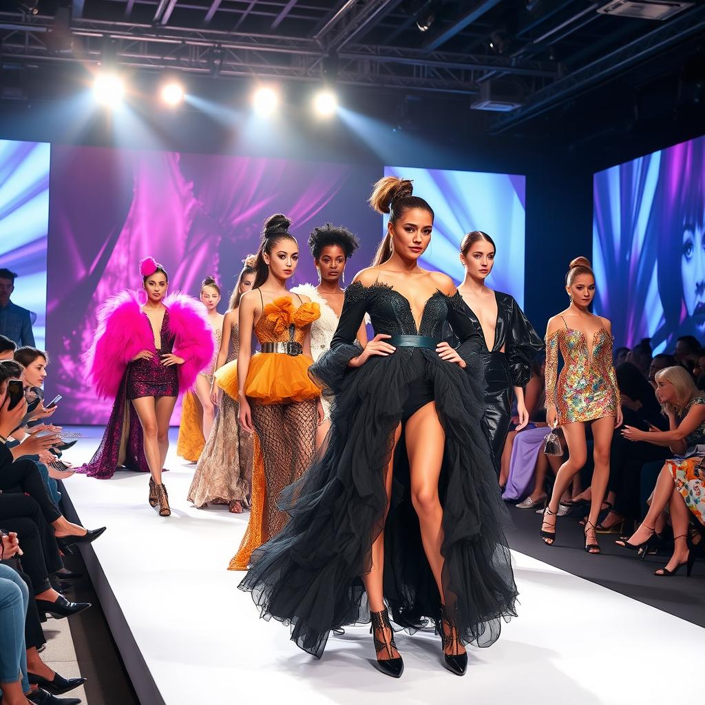 A vibrant fashion industry scene, showcasing a bright runway with models confidently displaying their couture outfits