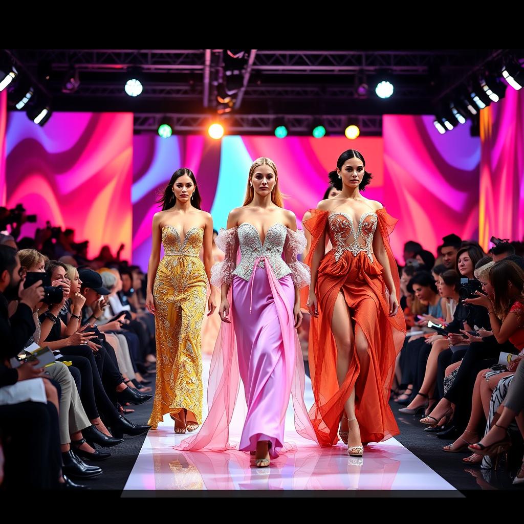A dynamic fashion industry scene, featuring a bright and colorful runway with models showcasing their exclusive couture outfits
