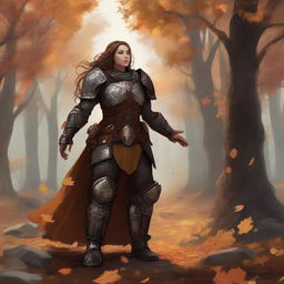 A robust, unarmed dwarven female kineticist, encased in sturdy heavy armor, manifests her deep connection to the earth, as she causes earthly energy and autumn leaves to ascend and float around her.