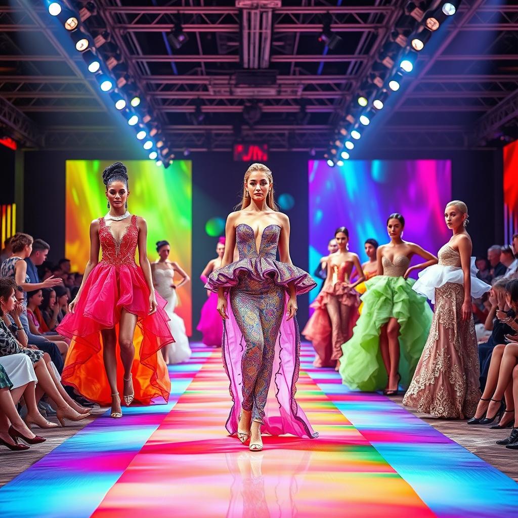 A vibrant fashion industry scene showcasing a colorful catwalk where models gracefully display their exclusive couture outfits