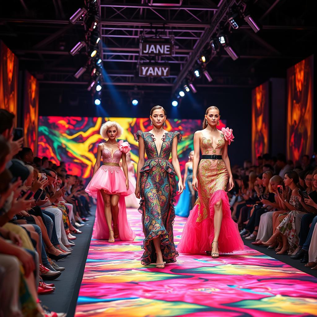 A vibrant and energetic fashion industry scene featuring a colorful catwalk where models gracefully showcase their exquisite couture outfits