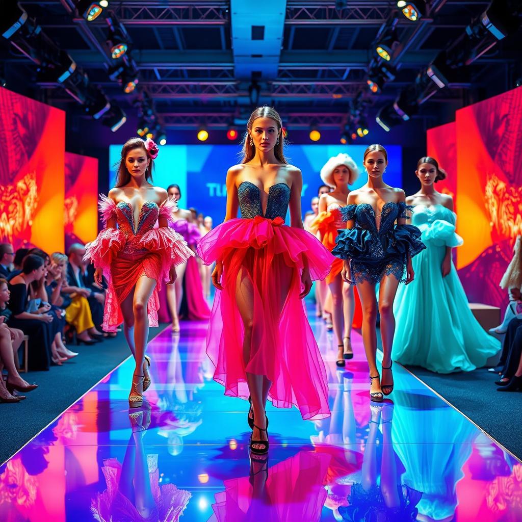 A vibrant fashion industry scene showcasing a colorful catwalk where models gracefully display their exquisite couture outfits