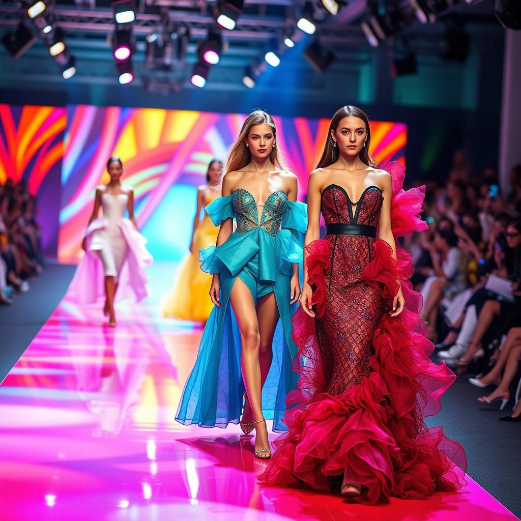 A bright and lively scene from the fashion industry featuring a colorful catwalk where models elegantly showcase their couture outfits