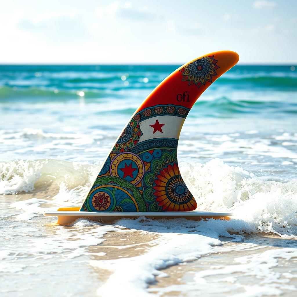 A beautiful, creative single fin for a surfboard designed with intricate artwork that reflects the vibrant culture of Syria