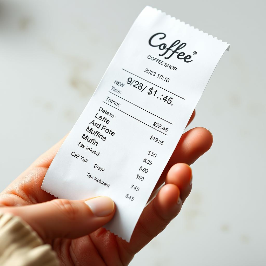 An edited receipt featuring a coffee shop transaction, with the new time displayed as 9:28 AM on the date 2023-10-10