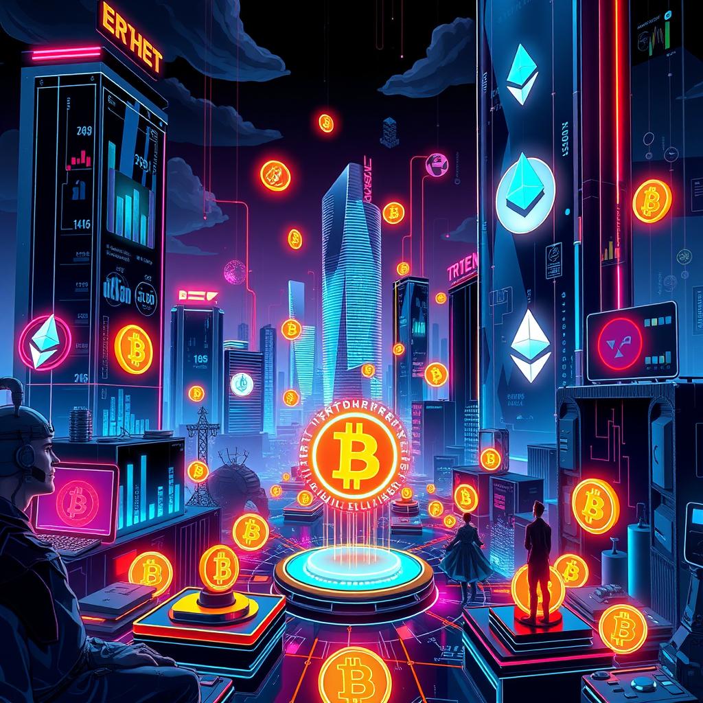A futuristic digital landscape showcasing various cryptocurrency symbols like Bitcoin, Ethereum, and others, illustrated in gleaming neon colors against a dark backdrop
