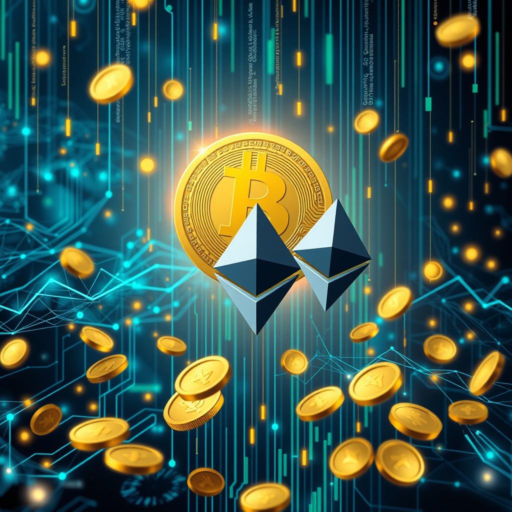 A visually striking representation of cryptocurrency, featuring iconic symbols like Bitcoin and Ethereum prominently displayed against a backdrop of a digital network
