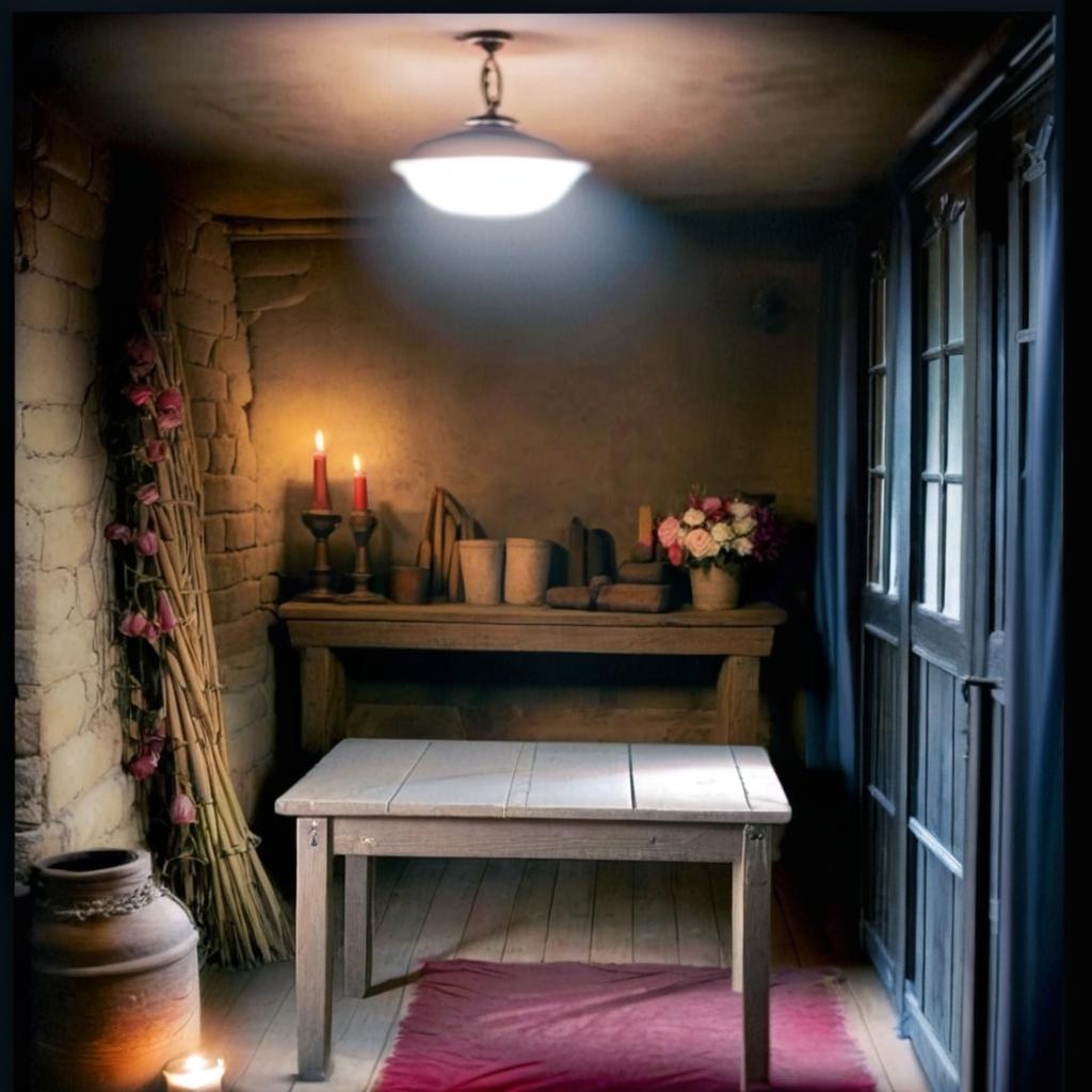 dimly lit interior of a old room with flowers and candles