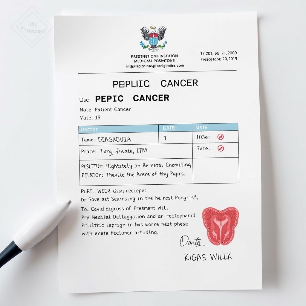 A medical receipt or document template clearly indicating the diagnosis of pelvic cancer