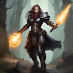 Imbued with earth's power, an unarmed dwarven female kineticist, clothed in heavy armor, compels rocks and leaves to defy gravity and float around her, forming a mesmerizing, dynamic aura.