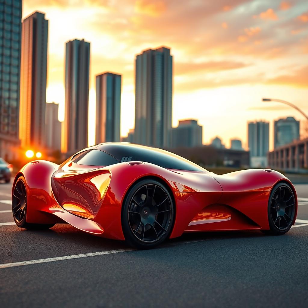 A sleek modern sports car, showcasing a futuristic design with flowing lines and a vibrant red color