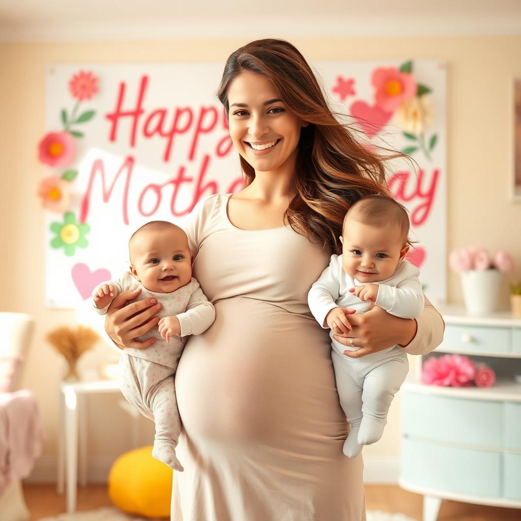 A joyful scene featuring a pregnant woman holding two adorable babies, smiling warmly