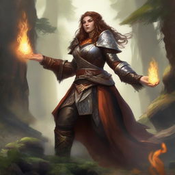 A formidable unarmed dwarven female kineticist, protected by her dense heavy armor, uses her intrinsic powers to levitate leaves and rocks around her, creating a visually arresting tableau of elemental harmony.