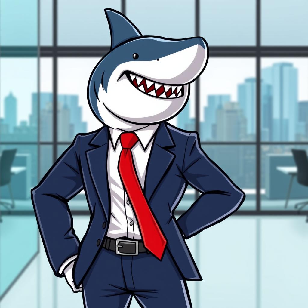 A stylized shark wearing a sharp business suit and a tie, standing confidently with one fin on its hip