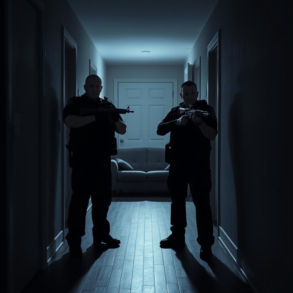 An apartment hallway scene, depicted with a sense of tension and anticipation