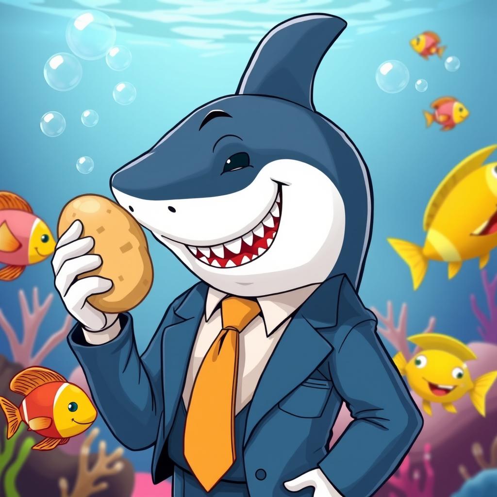 A humorous scene featuring a shark in a stylish business suit and tie, playfully munching on a cartoonish potato