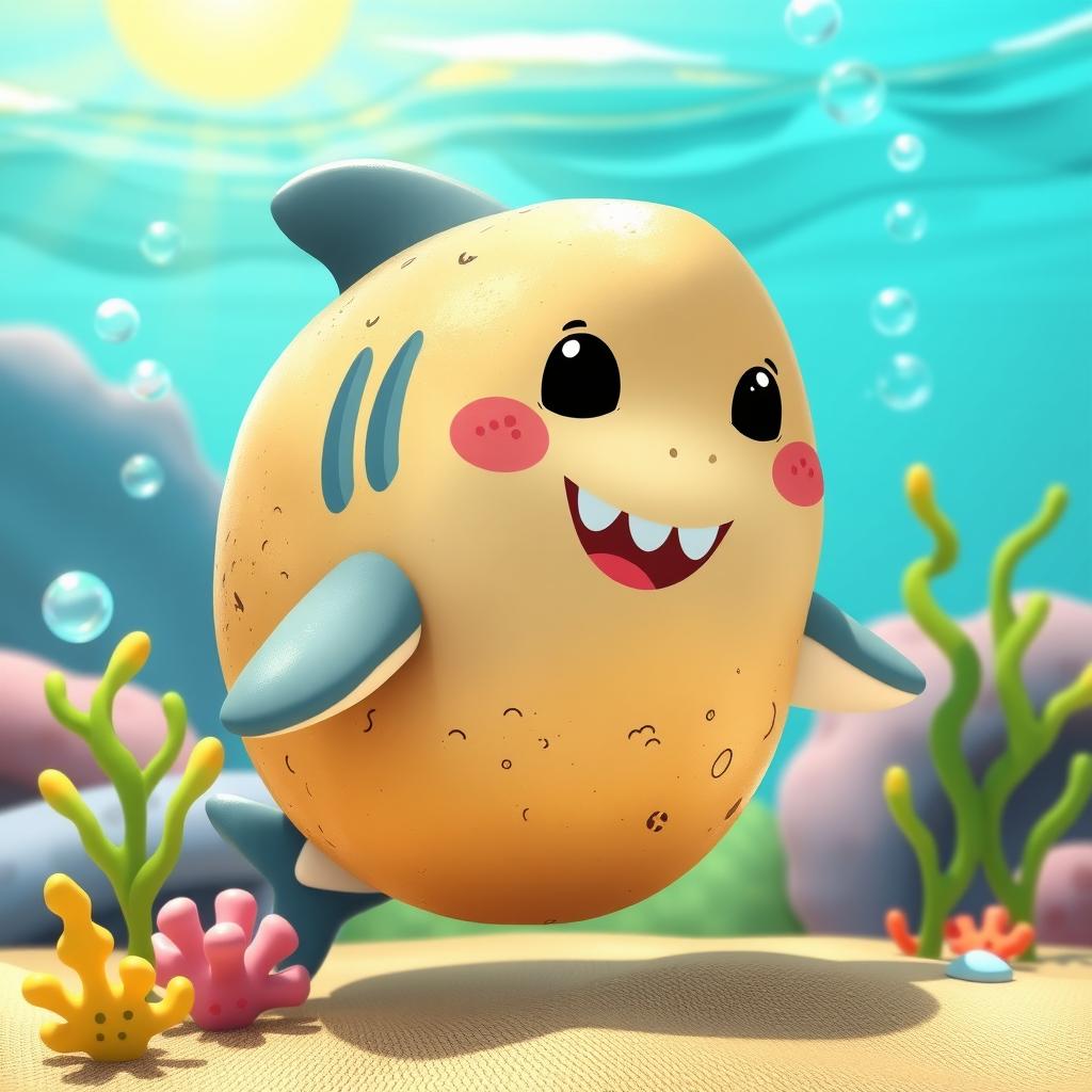 A whimsical scene depicting a shark and a potato creatively combined to create a cute, cartoonish baby creature