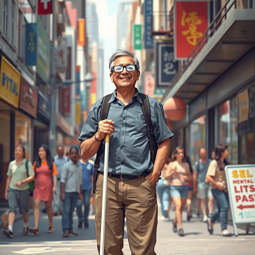 A heartwarming and uplifting scene depicting a blind man standing confidently in a bustling urban environment, embodying humor and courage as he confronts both his past and present