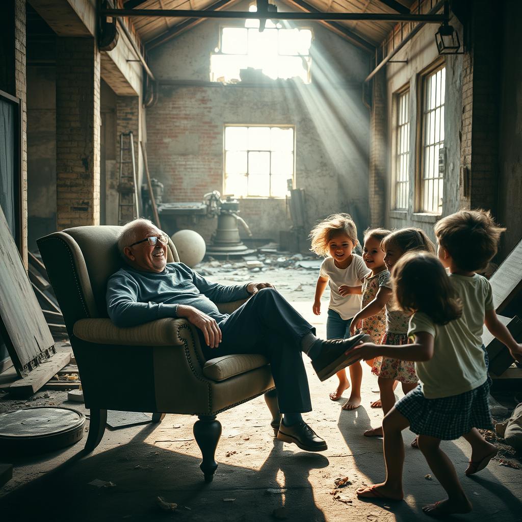 A poignant scene inside an abandoned factory, where a blind man sits in a weathered chair, embodying humor and courage as he reflects on his past and present