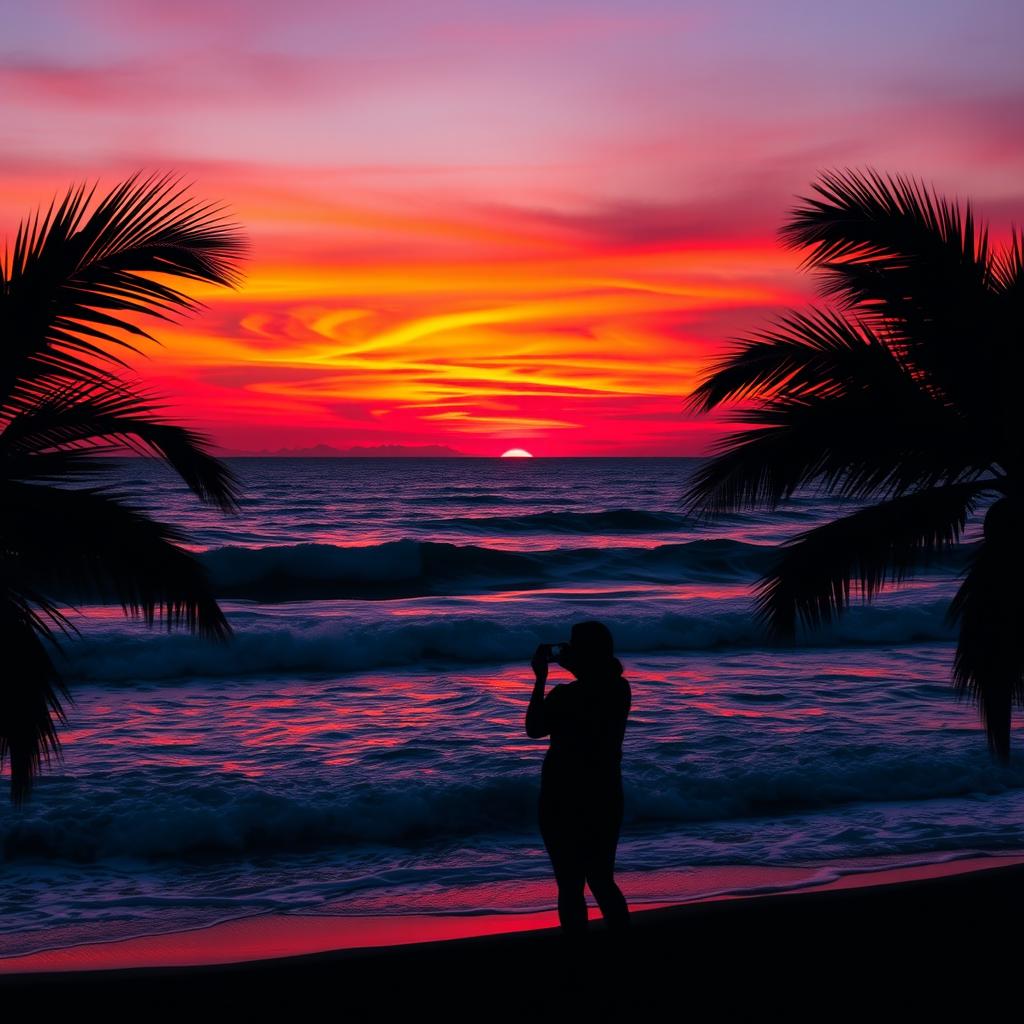 A beautifully curated Instagram post featuring a stunning sunset over the ocean, with vibrant orange and purple hues blending in the sky