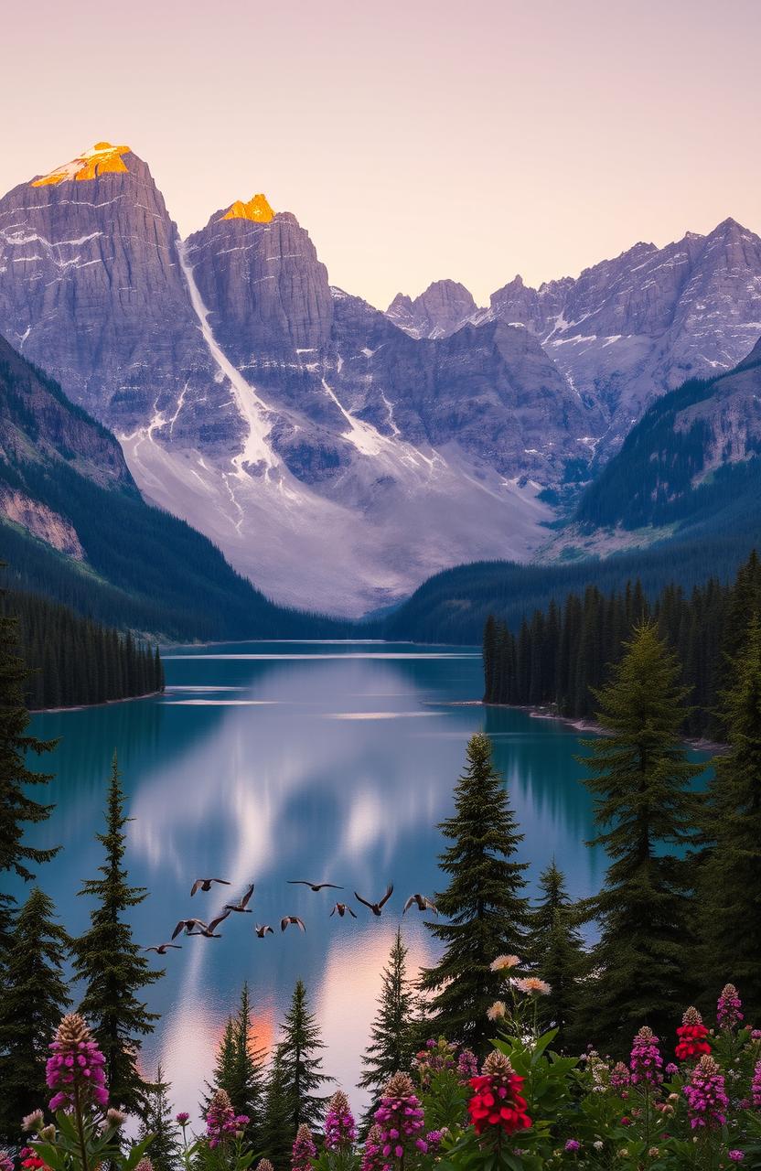 A majestic mountain landscape at dawn, featuring soaring peaks bathed in the soft golden light of sunrise