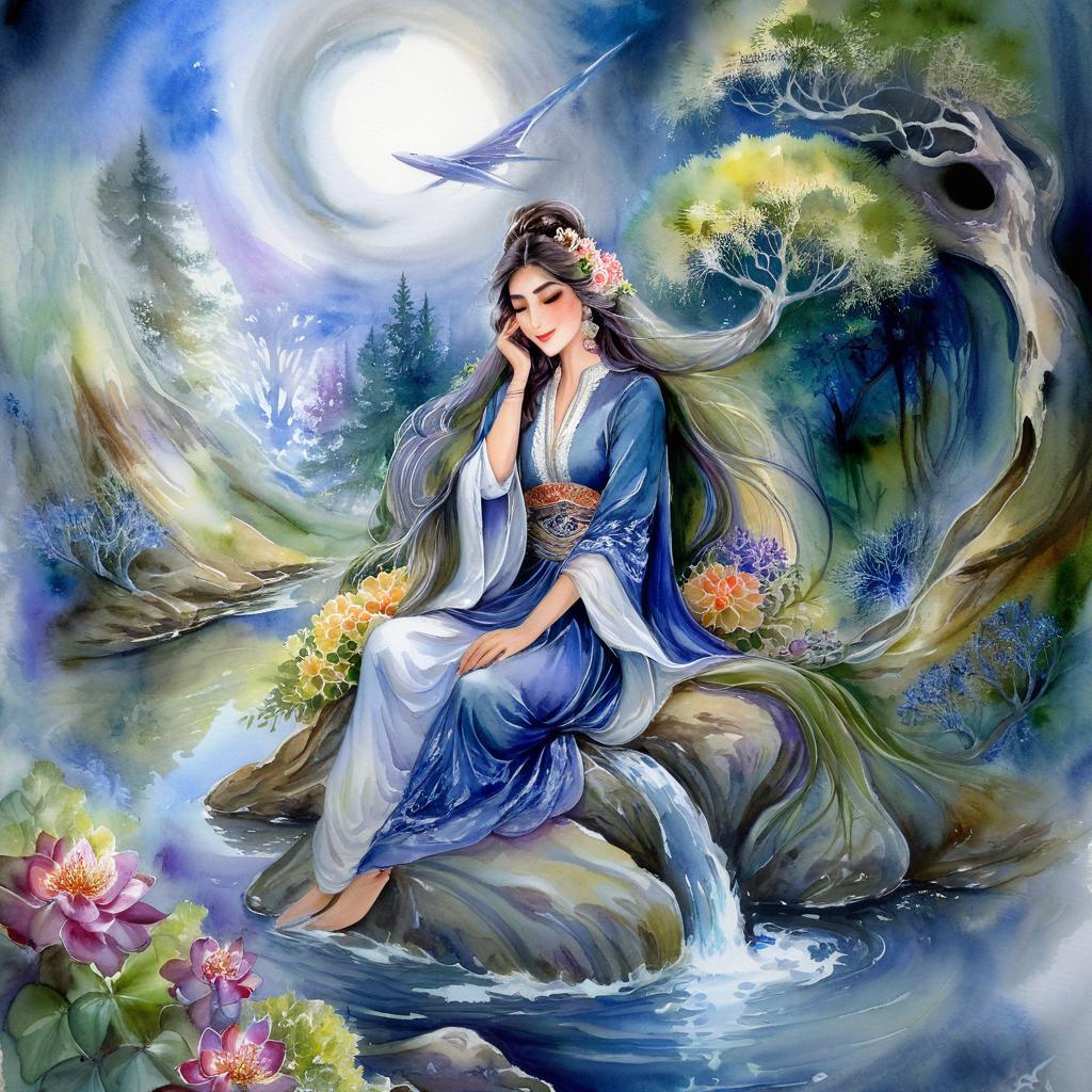 Mystical and spiritual watercolor painting of a beautiful Iranian woman sitting on a rock on a beautiful and peaceful pond in a dense forest with cypress trees, plane trees, grapevines, winding bonsai trees, and a whirlwind of colorful flowers and beautiful.