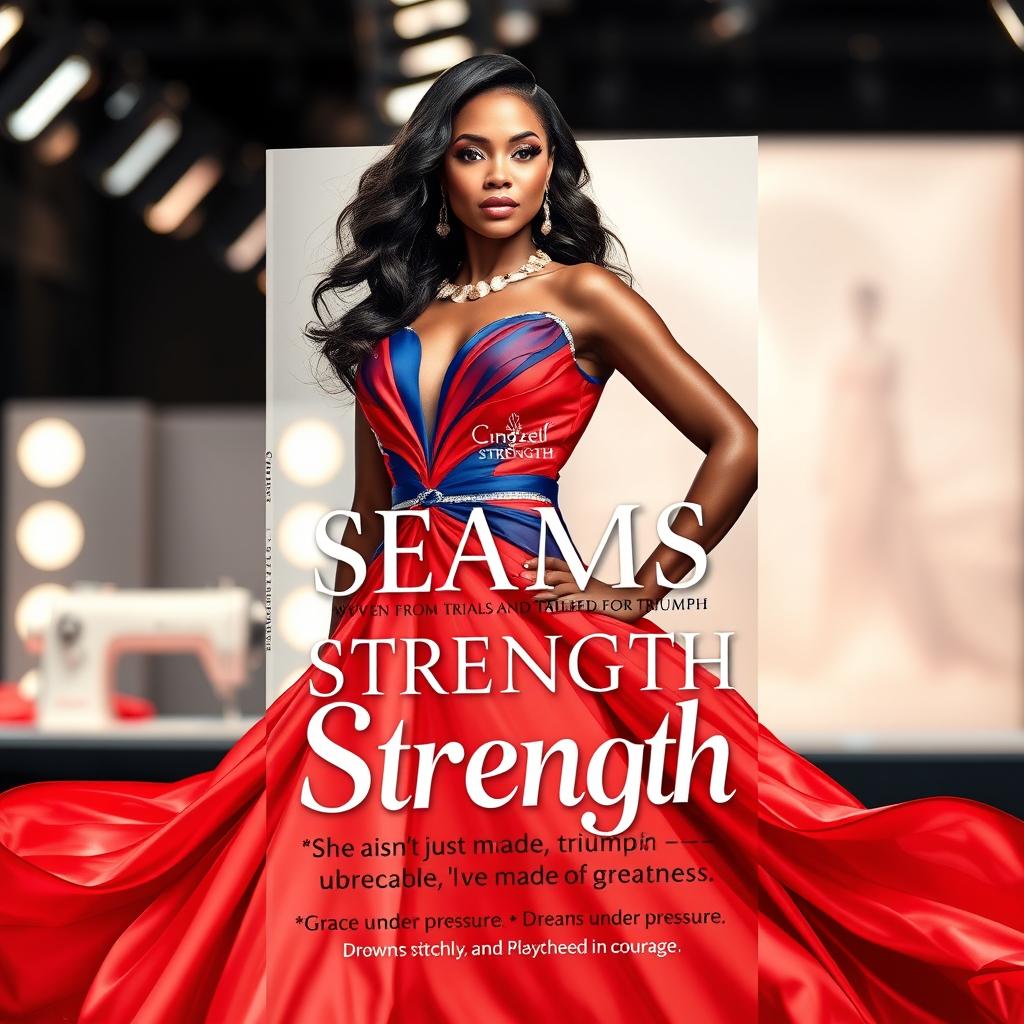 A striking book cover design for 'Seams of Strength Woven from Trials and Tailored for Triumph'