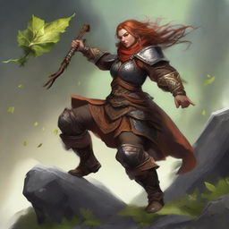 A formidable unarmed dwarven female kineticist, protected by her dense heavy armor, uses her intrinsic powers to levitate leaves and rocks around her, creating a visually arresting tableau of elemental harmony.