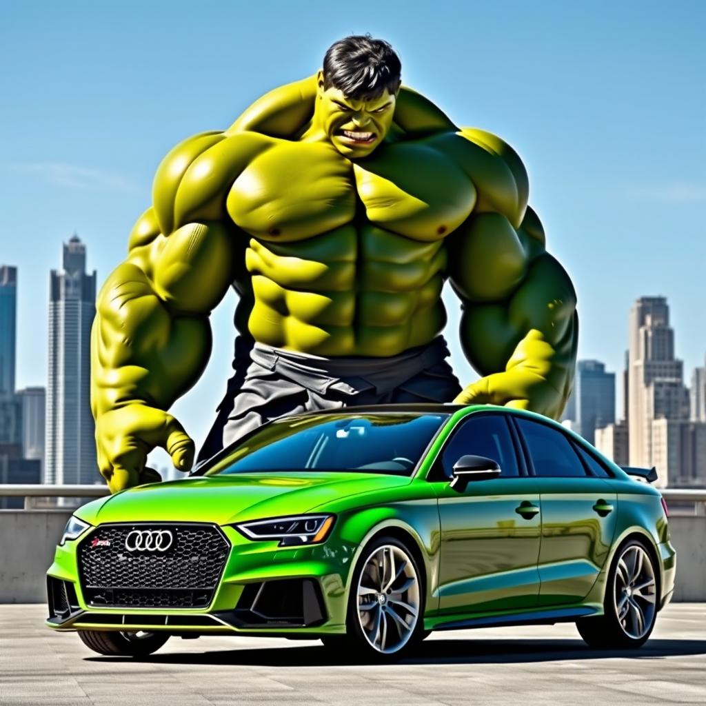 A massive, muscular green Hulk standing proudly next to a sleek green Audi RS3 sedan