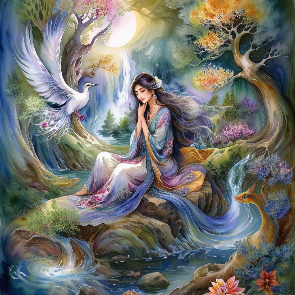 Mystical and spiritual watercolor painting of a beautiful Iranian woman sitting on a rock on a beautiful and peaceful pond in a dense forest with cypress trees, plane trees, grapevines, winding bonsai trees, and a whirlwind of colorful flowers and beautiful.