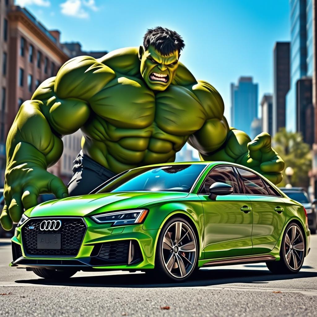 The Hulk, a giant green-skinned superhero with incredible muscle definition, stands powerfully next to a sleek green Audi RS3 sedan