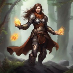 A formidable unarmed dwarven female kineticist, protected by her dense heavy armor, uses her intrinsic powers to levitate leaves and rocks around her, creating a visually arresting tableau of elemental harmony.